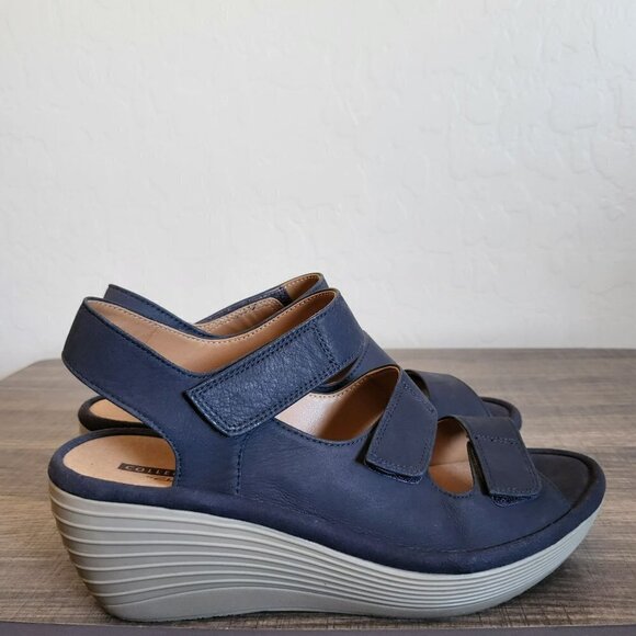 Clarks Reedly Juno Wedge Nubuck Leather Strappy Sandal Open Toe Blue Women's 5.5 - Picture 1 of 9